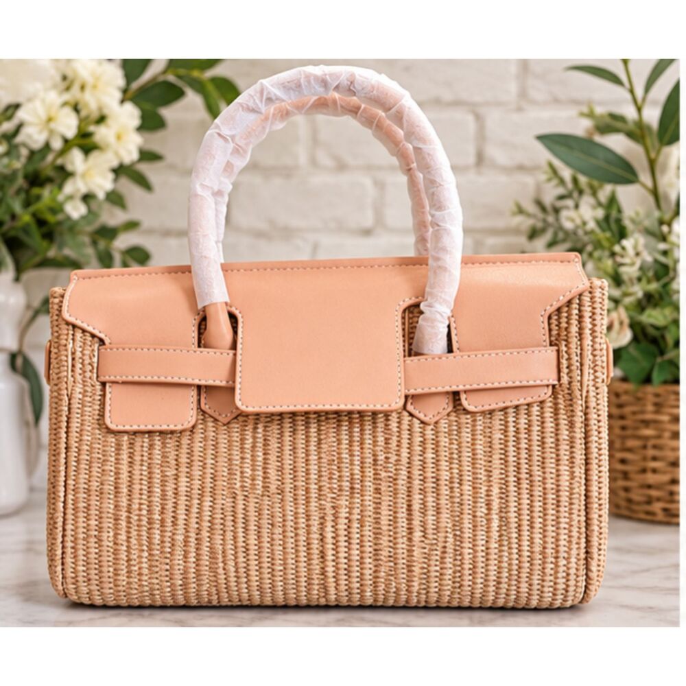 Women's Woven Rattan Satchel Handbag Tan Top Handle Crossbody Bag NWOT